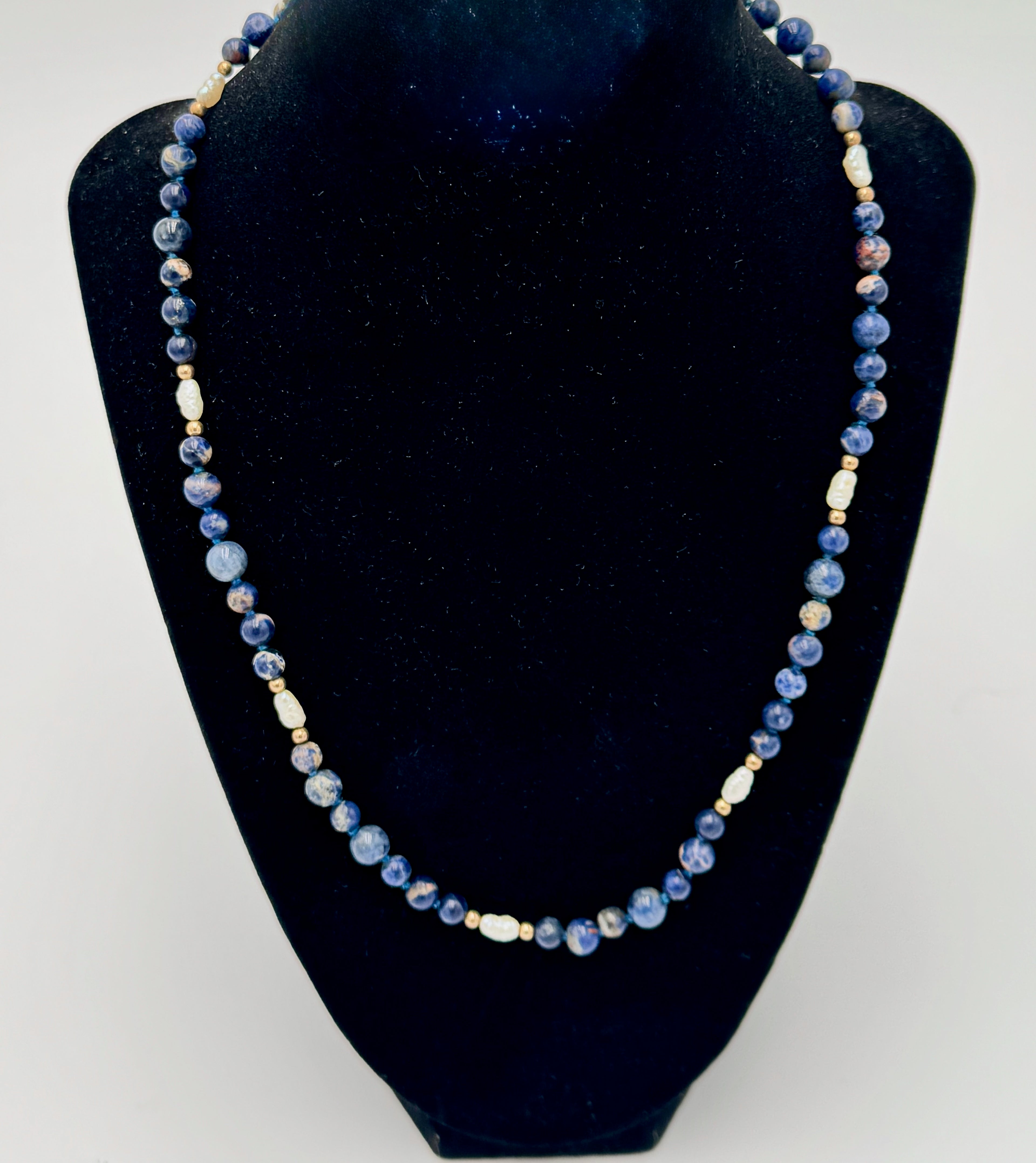 Ocean Blue Sodalite & Pearl Jewelry Set – 14K Gold Clasps (Necklace + Bracelet)
