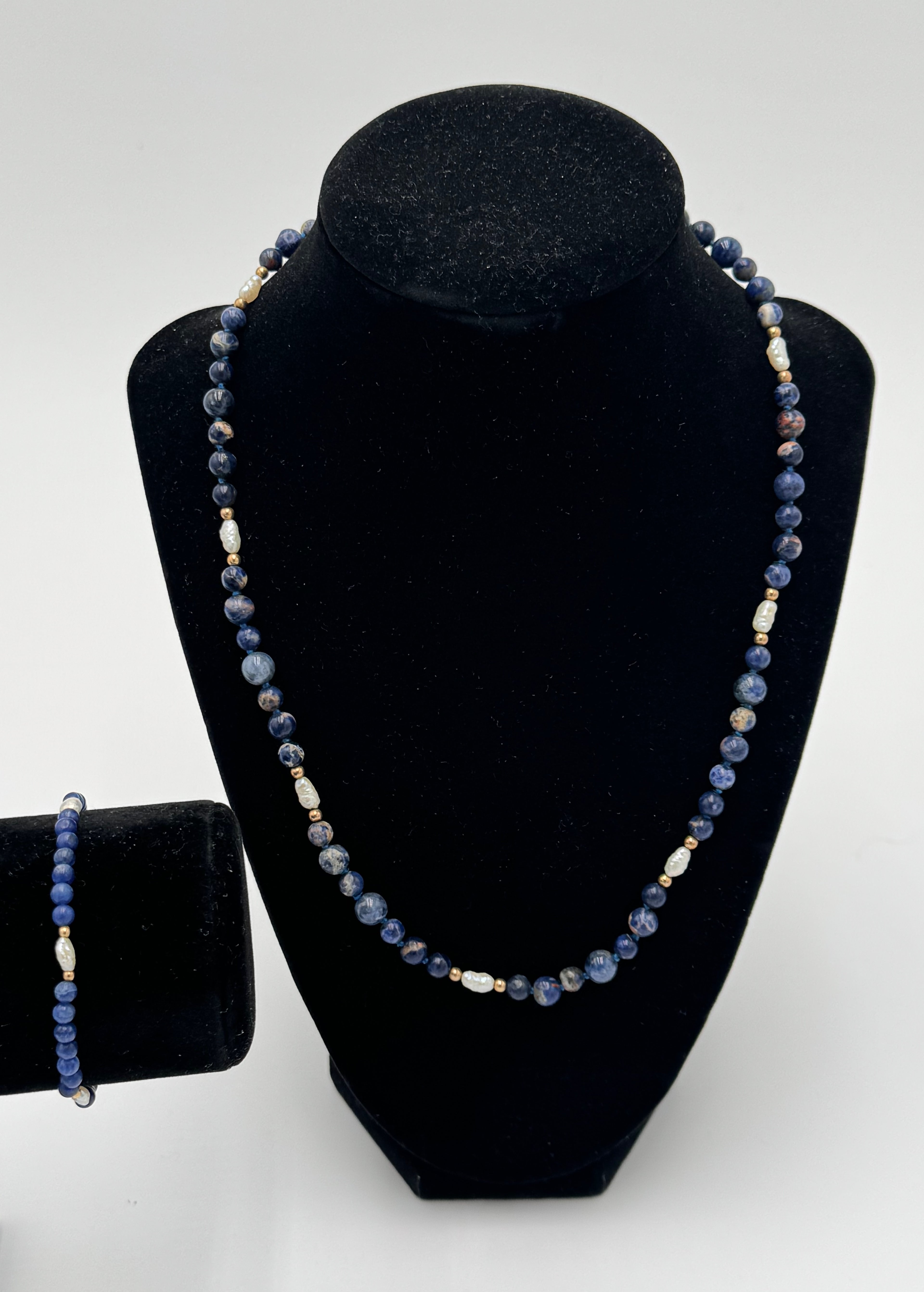 Ocean Blue Sodalite & Pearl Jewelry Set – 14K Gold Clasps (Necklace + Bracelet)