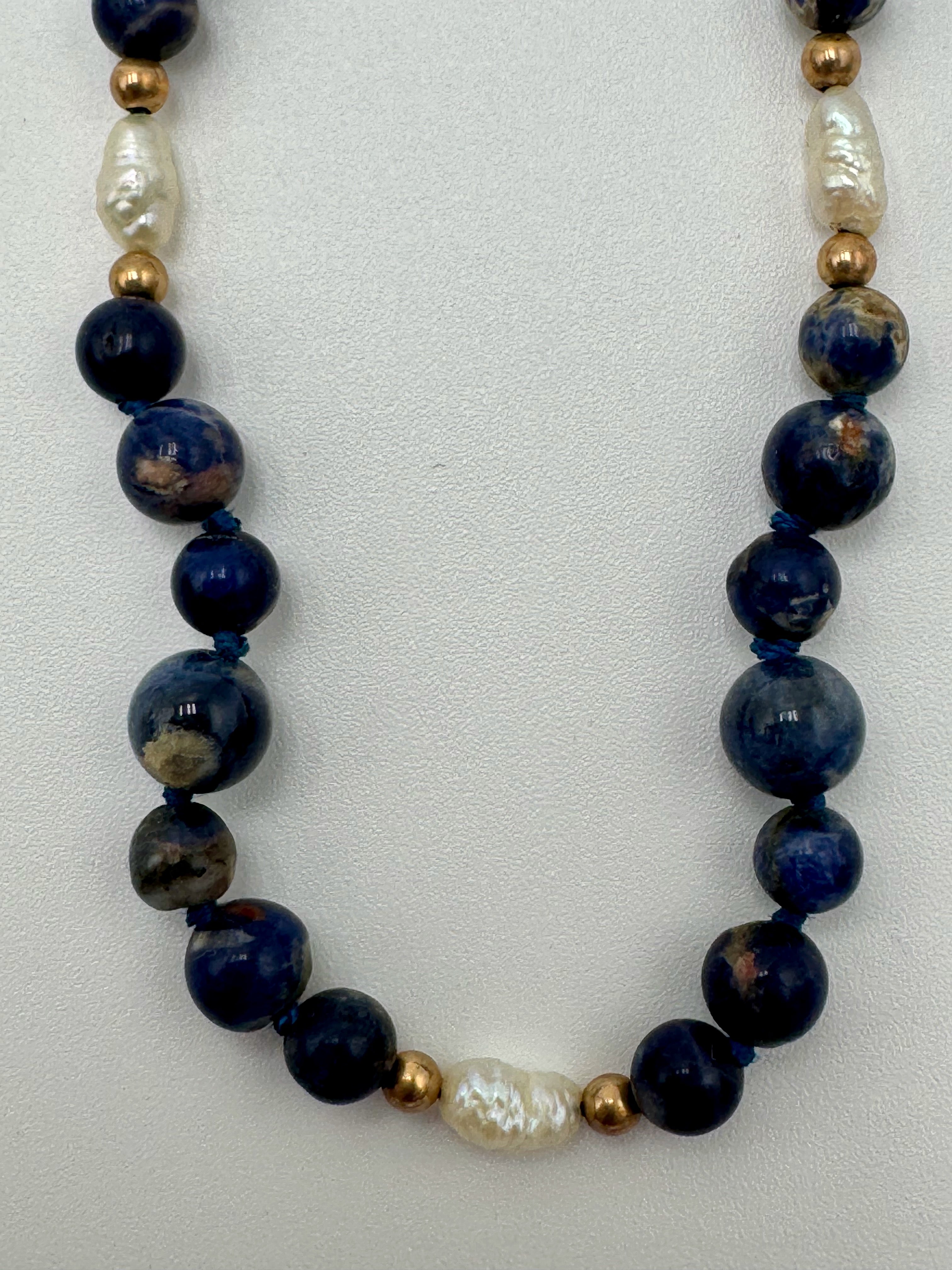 Ocean Blue Sodalite & Pearl Jewelry Set – 14K Gold Clasps (Necklace + Bracelet)
