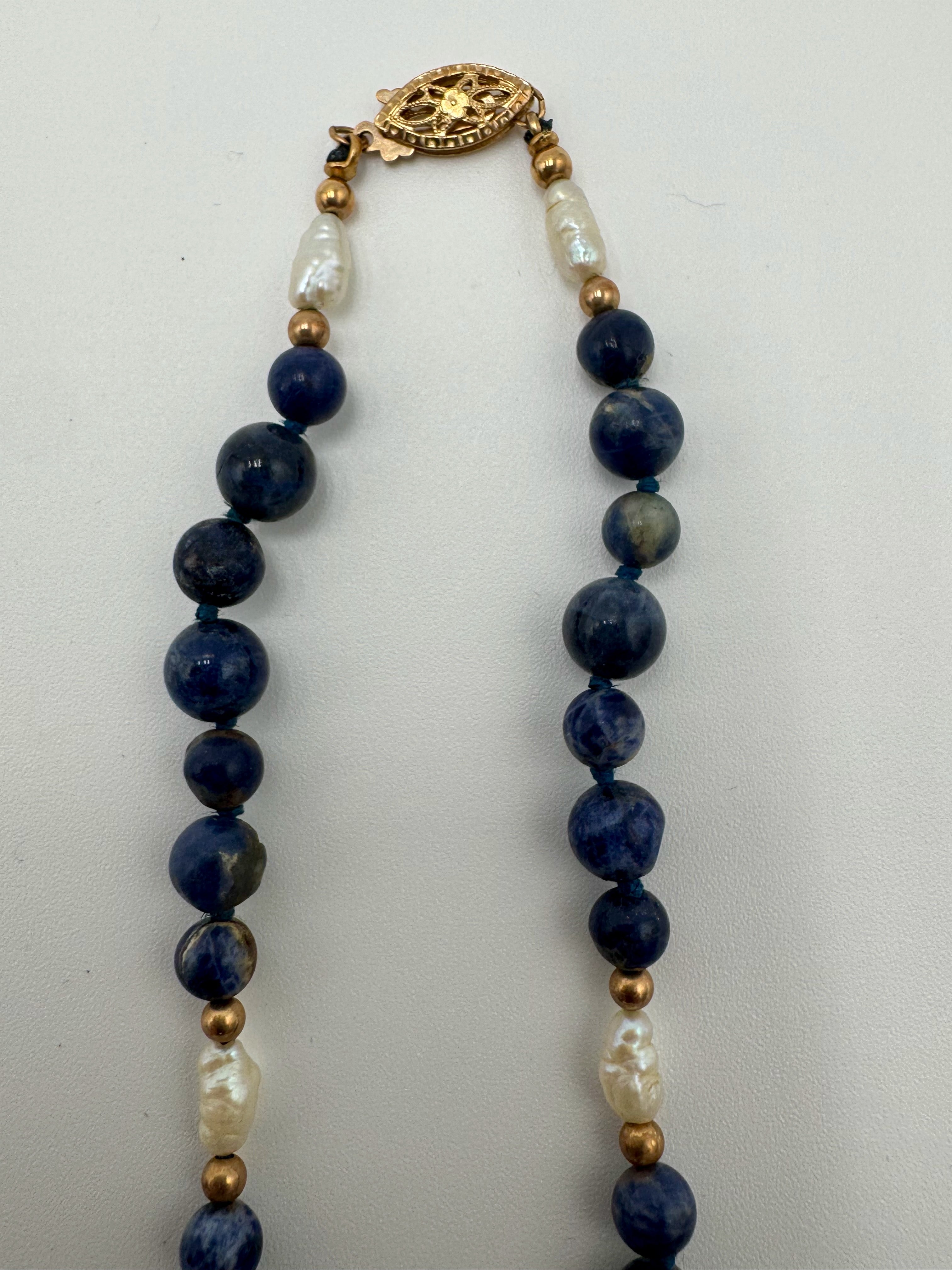 Ocean Blue Sodalite & Pearl Jewelry Set – 14K Gold Clasps (Necklace + Bracelet)