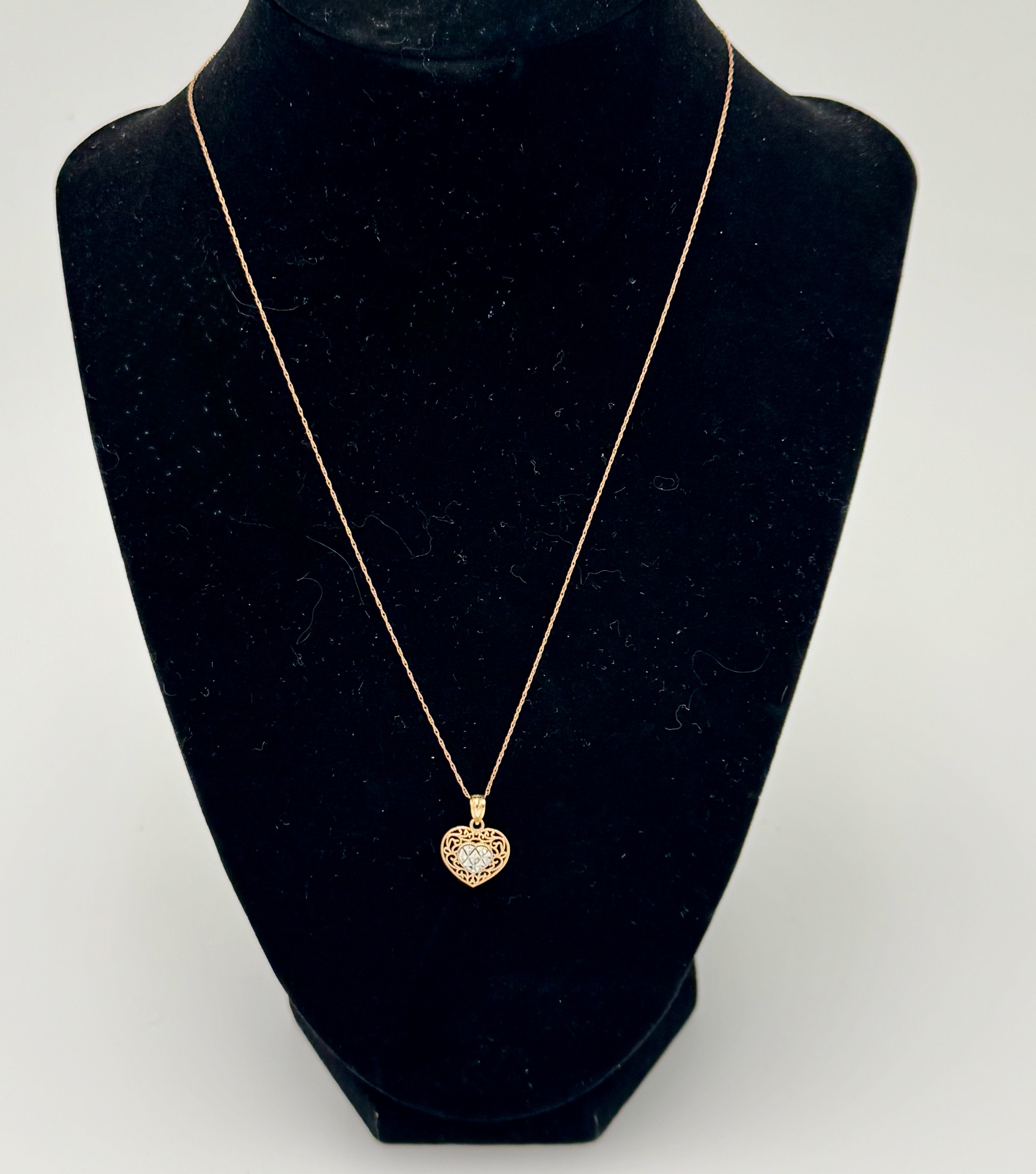 10K Gold Filigree Heart Pendant Necklace with Faceted Crystal Center