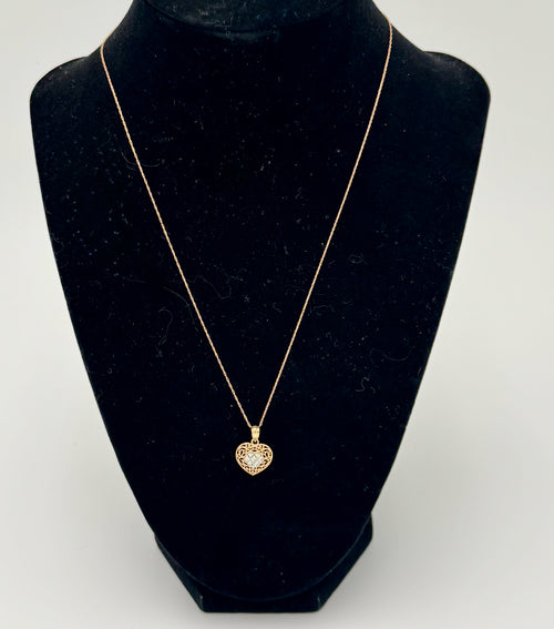 10K Gold Filigree Heart Pendant Necklace with Faceted Crystal Center