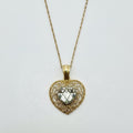 10K Gold Filigree Heart Pendant Necklace with Faceted Crystal Center