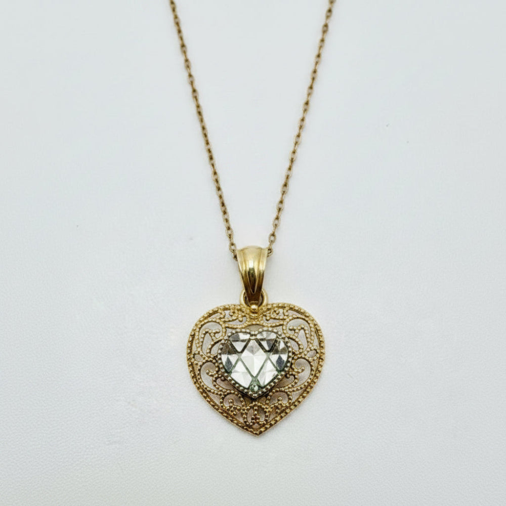 10K Gold Filigree Heart Pendant Necklace with Faceted Crystal Center