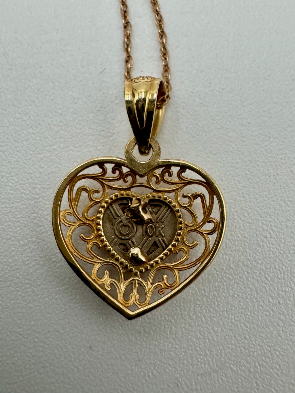 10K Gold Filigree Heart Pendant Necklace with Faceted Crystal Center