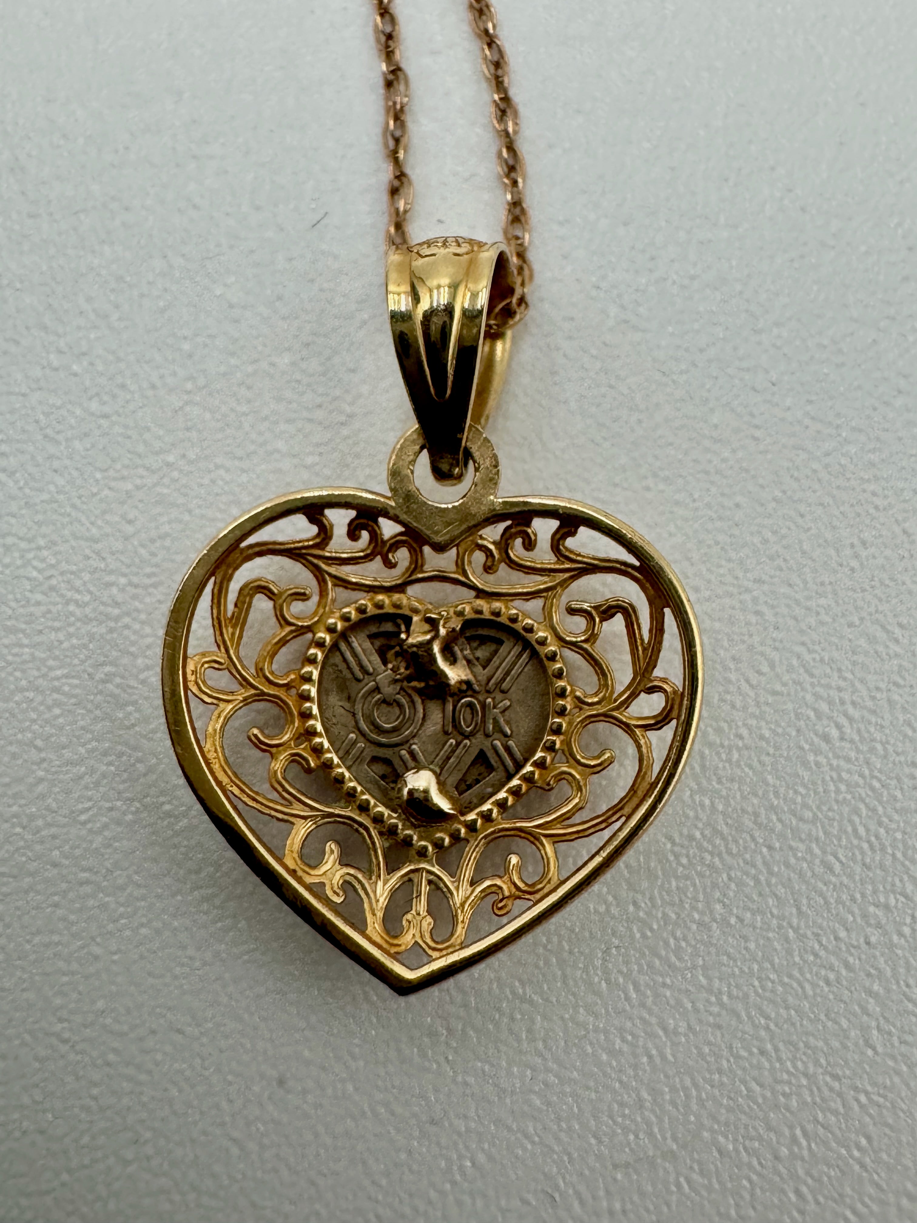10K Gold Filigree Heart Pendant Necklace with Faceted Crystal Center