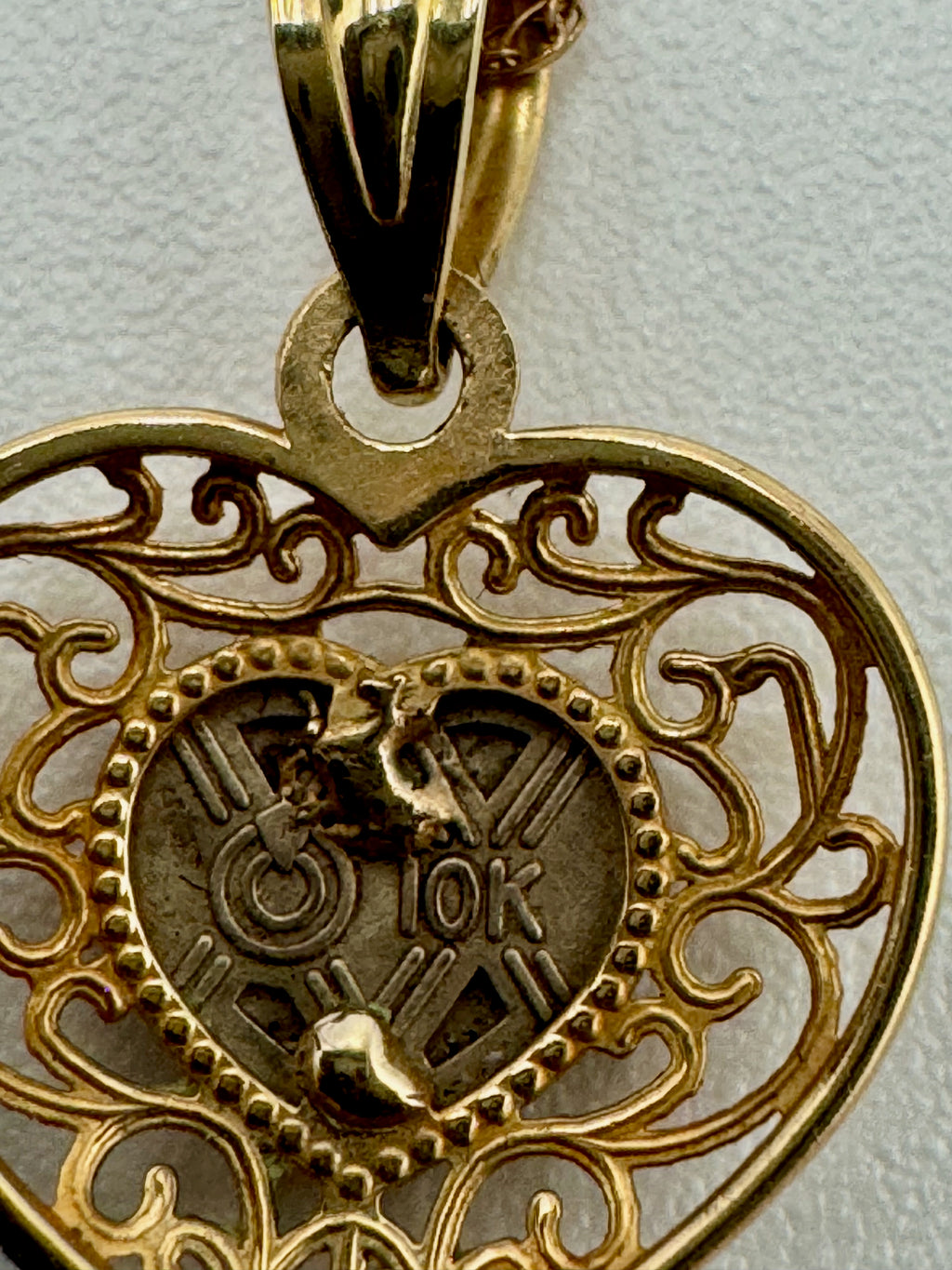 10K Gold Filigree Heart Pendant Necklace with Faceted Crystal Center