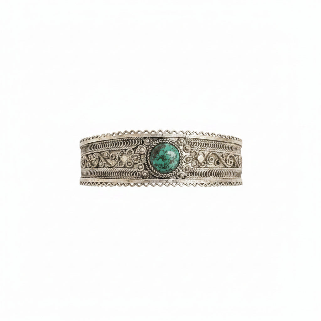 Vintage Sterling Silver 925 Turquoise Cuff Bracelet Wide Filigree Tribal Style