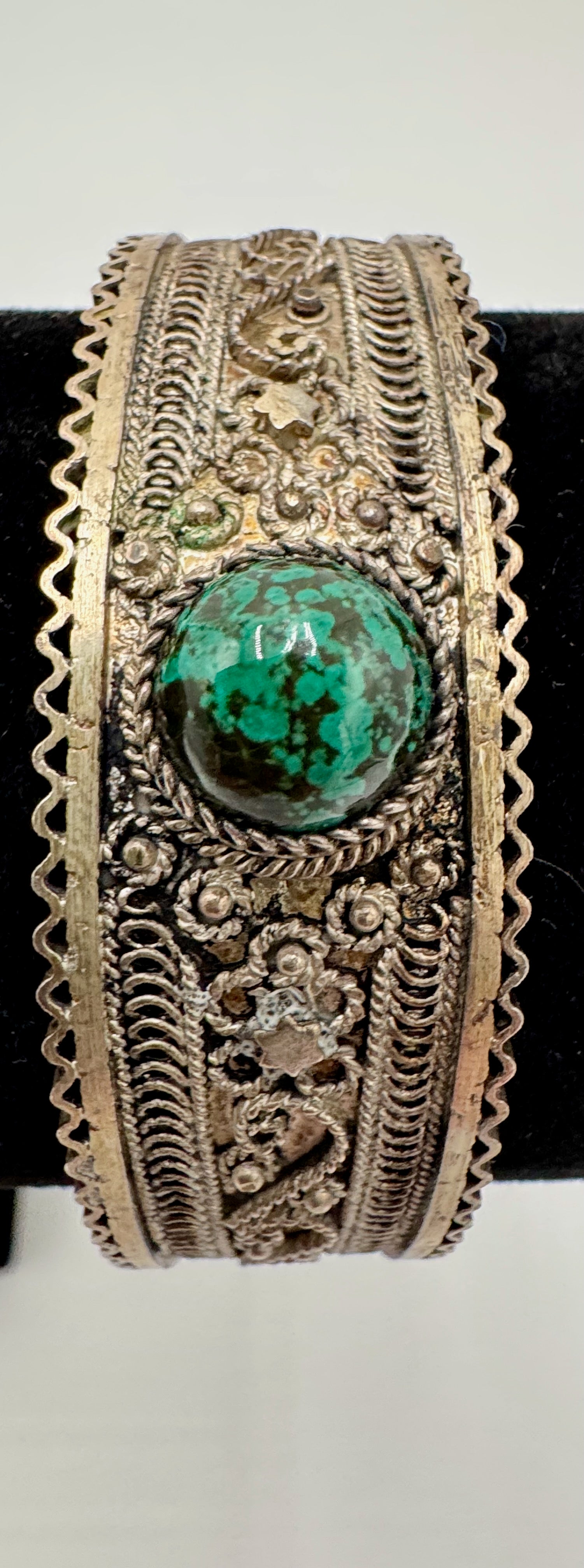 Vintage Sterling Silver 925 Turquoise Cuff Bracelet Wide Filigree Tribal Style