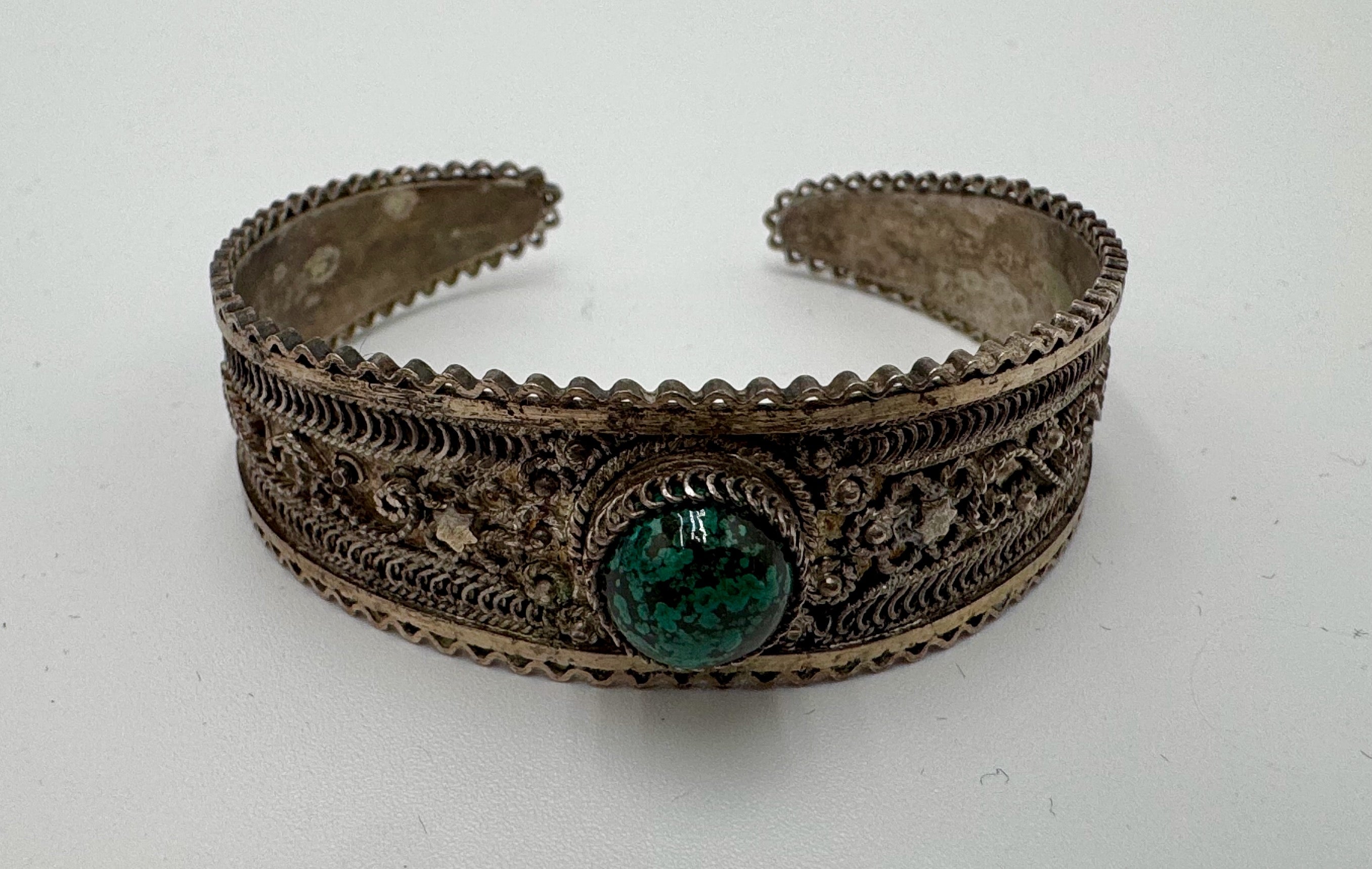 Vintage Sterling Silver 925 Turquoise Cuff Bracelet Wide Filigree Tribal Style