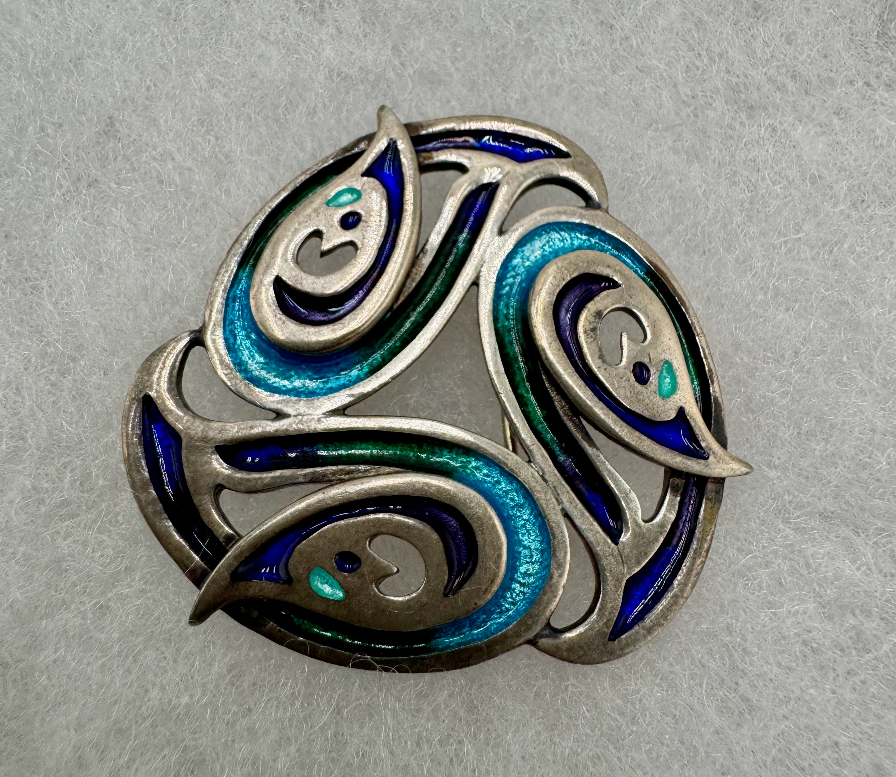 Vintage Norwegian Sterling Silver Enamel Brooch 925S Blue Green Modernist Norway Pin