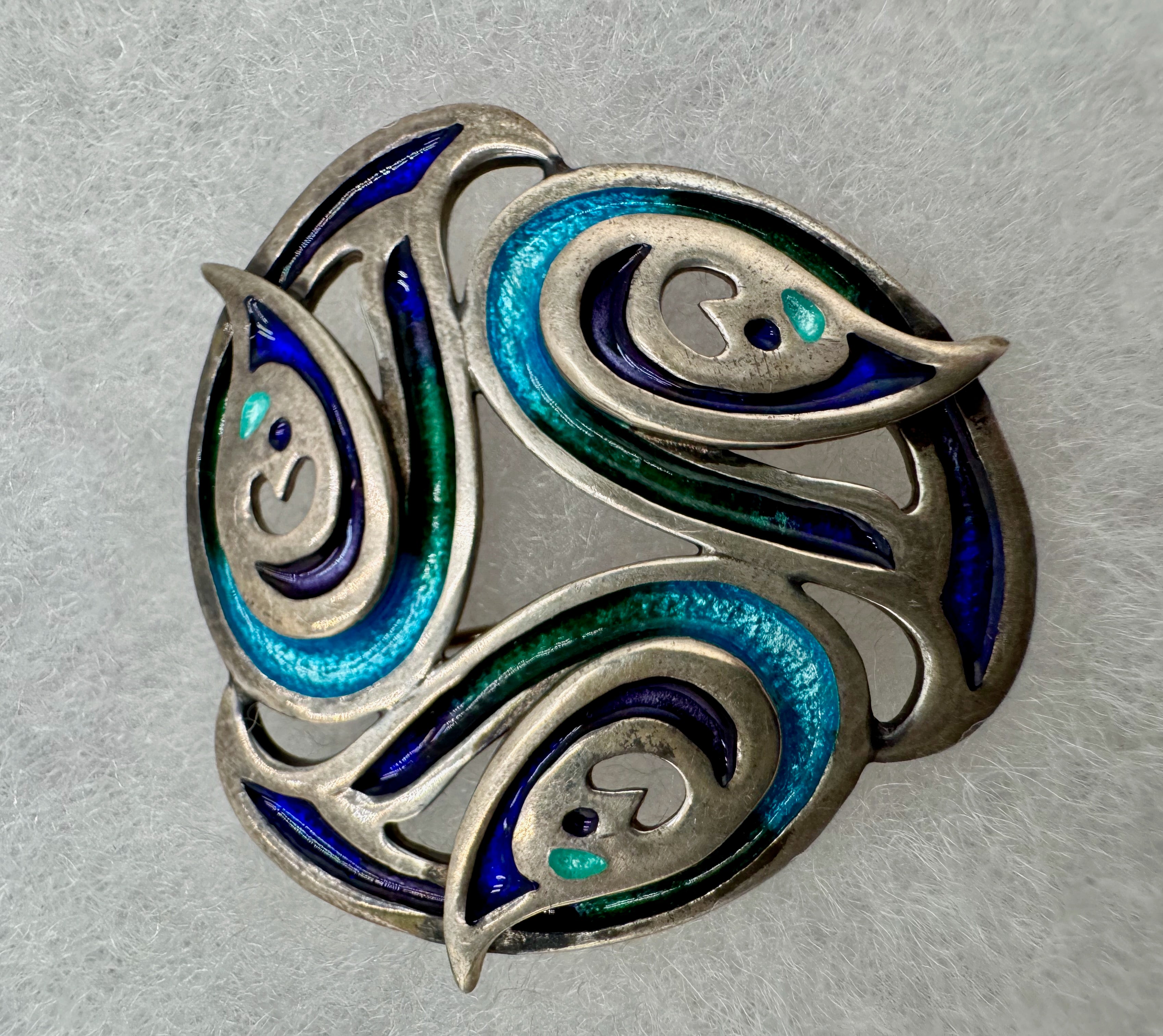 Vintage Norwegian Sterling Silver Enamel Brooch 925S Blue Green Modernist Norway Pin