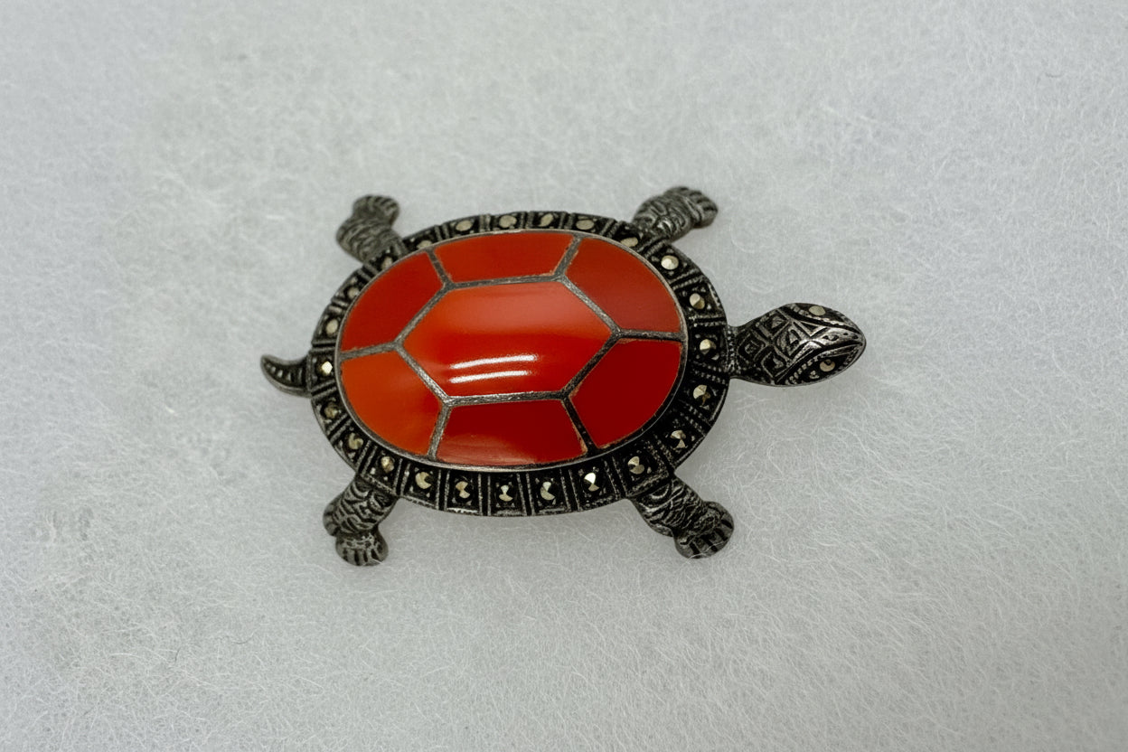 Vintage Coral Turtle Brooch Pendant – Sterling Silver Marcasite Sea Turtle Necklace Charm
