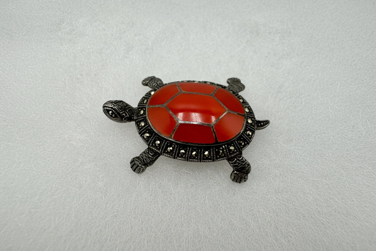 Vintage Coral Turtle Brooch Pendant – Sterling Silver Marcasite Sea Turtle Necklace Charm