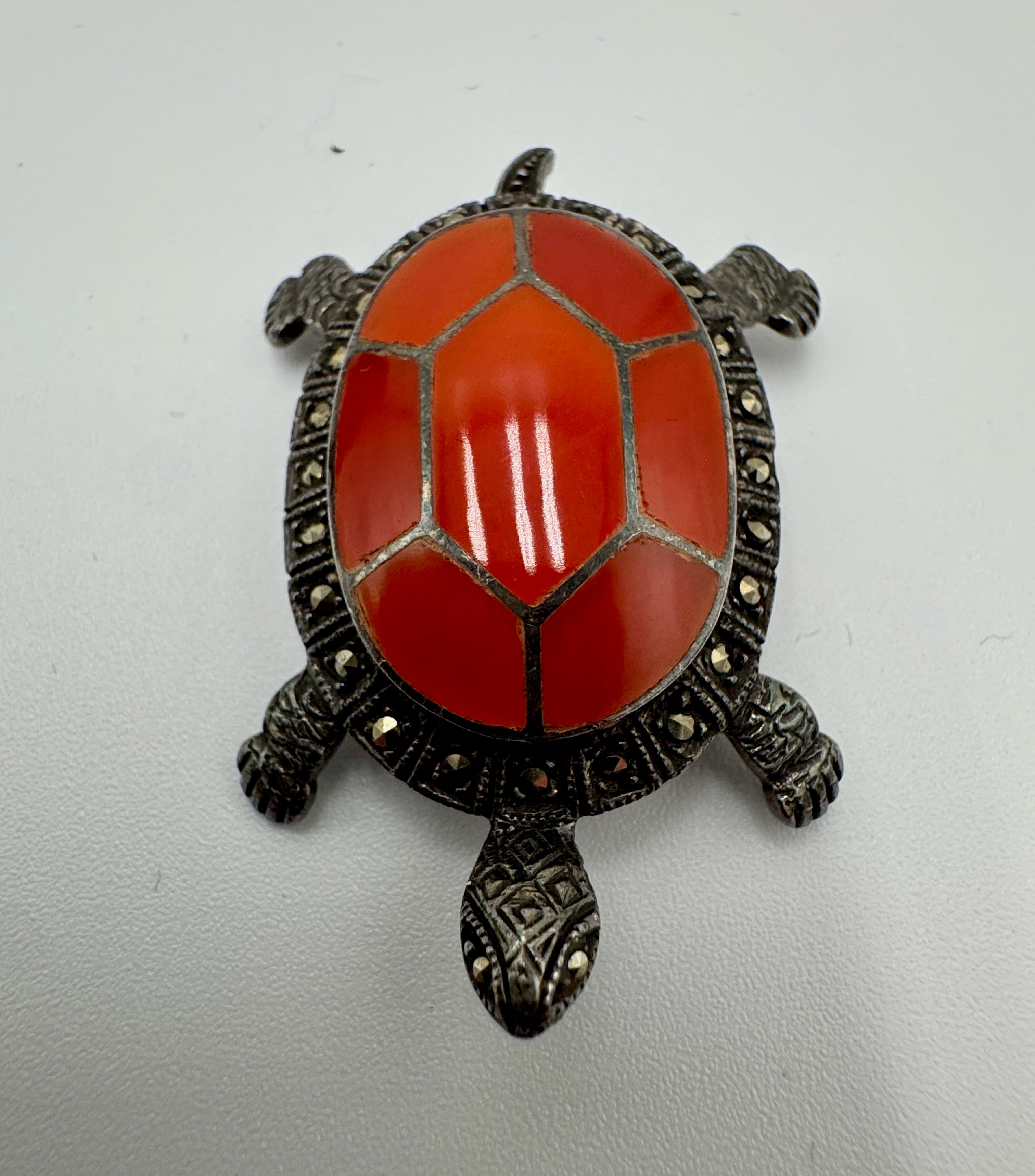 Vintage Coral Turtle Brooch Pendant – Sterling Silver Marcasite Sea Turtle Necklace Charm