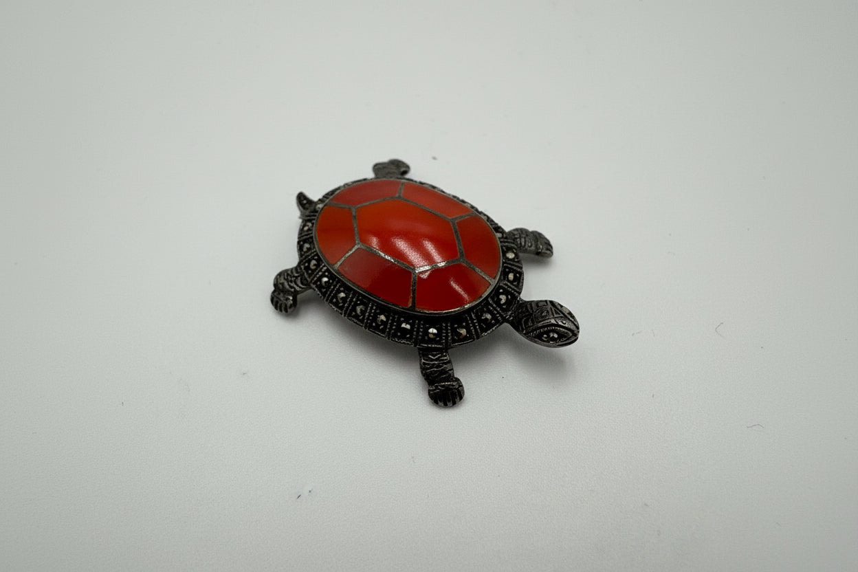 Vintage Coral Turtle Brooch Pendant – Sterling Silver Marcasite Sea Turtle Necklace Charm