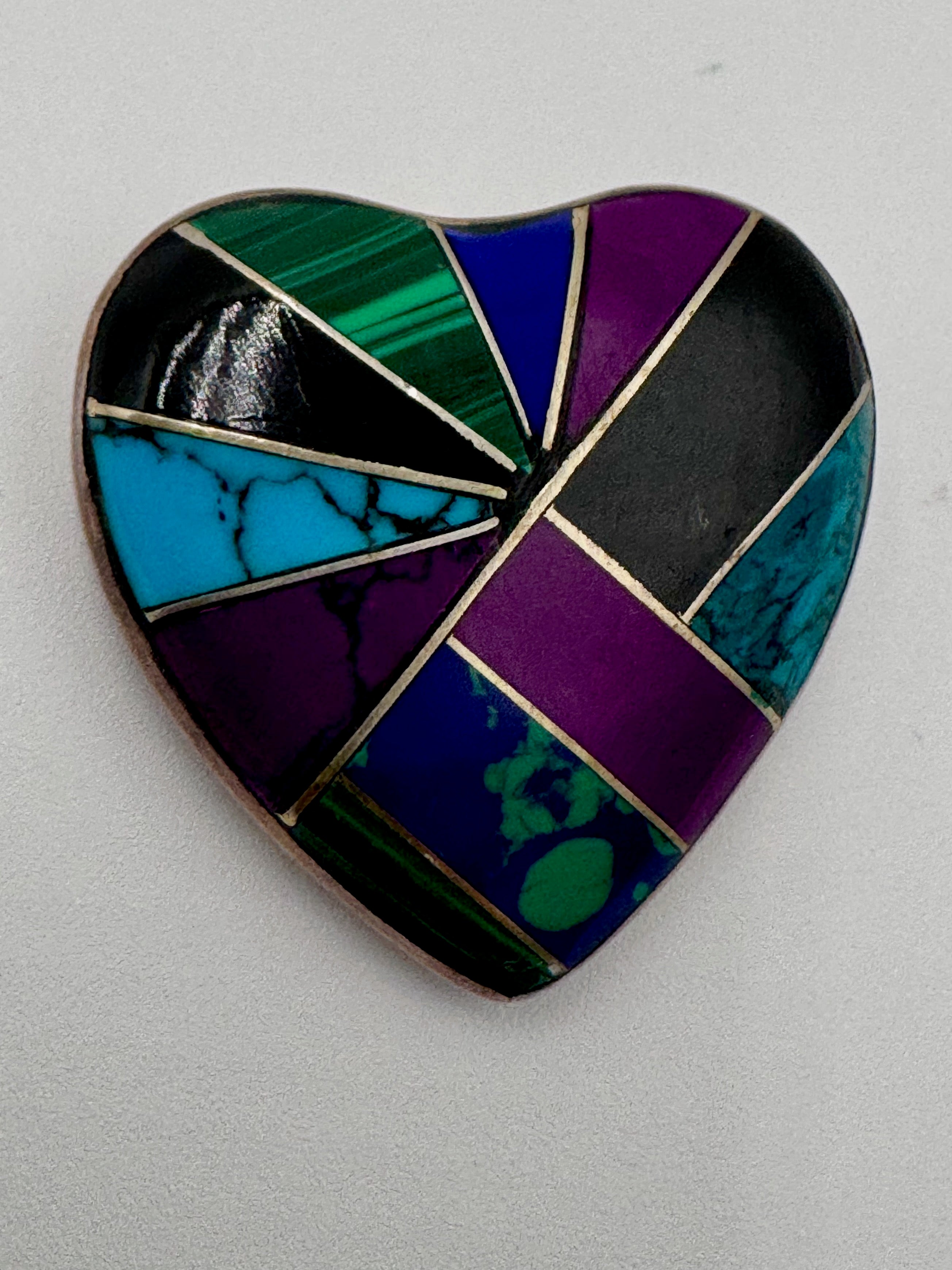 Vintage Mexican Sterling Silver Inlay Heart Pendant – Turquoise Lapis Malachite Mosaic