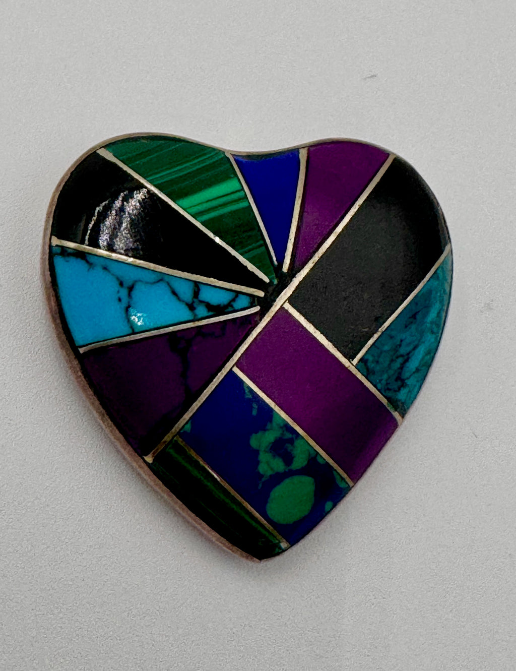 Vintage Mexican Sterling Silver Inlay Heart Pendant – Turquoise Lapis Malachite Mosaic