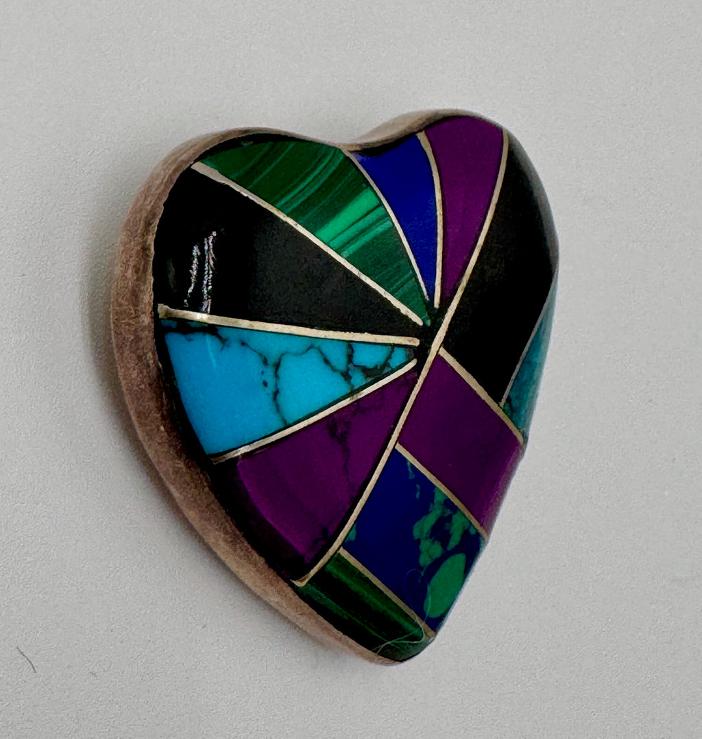 Vintage Mexican Sterling Silver Inlay Heart Pendant – Turquoise Lapis Malachite Mosaic