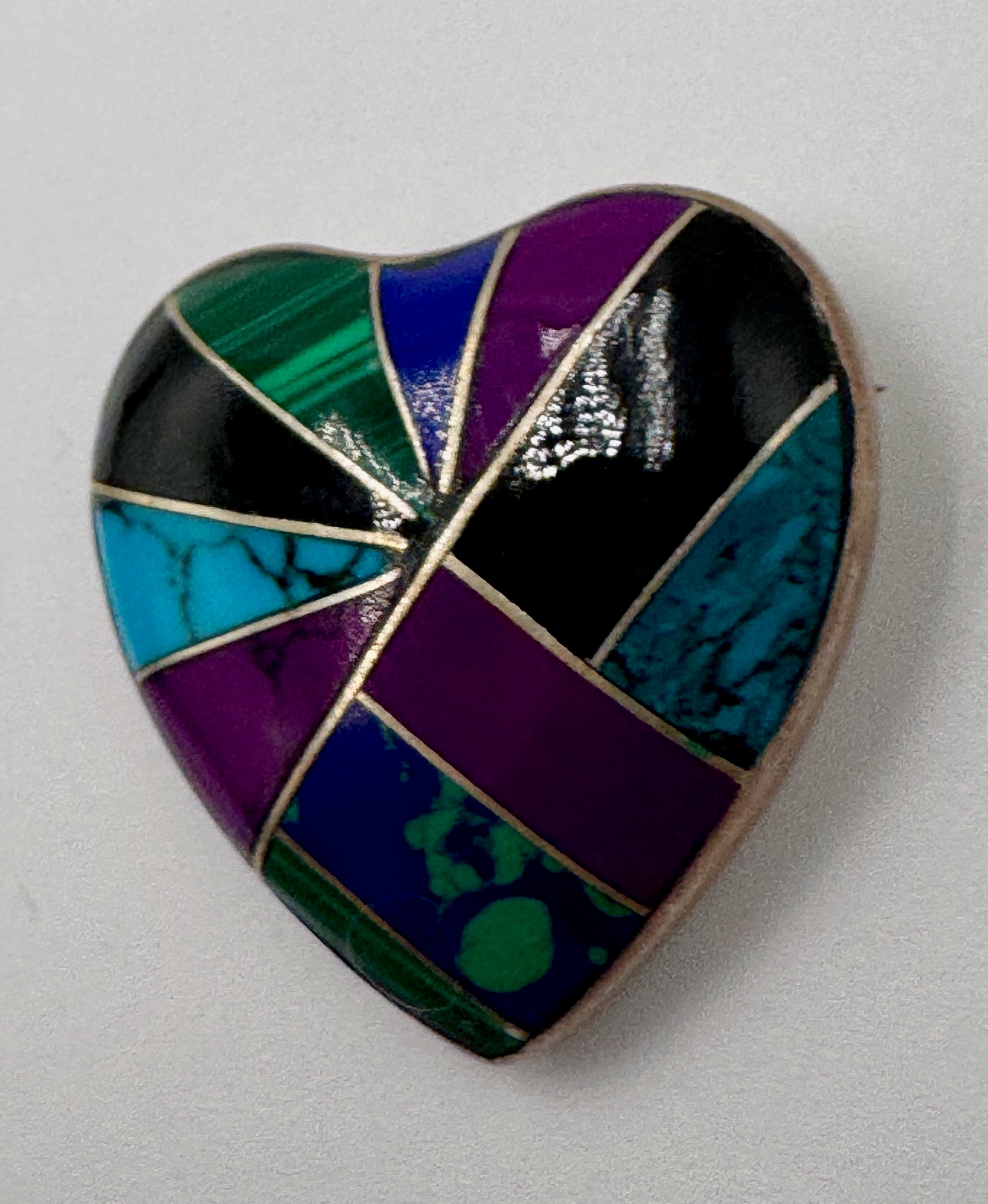 Vintage Mexican Sterling Silver Inlay Heart Pendant – Turquoise Lapis Malachite Mosaic