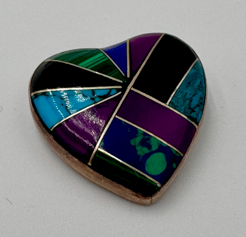 Vintage Mexican Sterling Silver Inlay Heart Pendant – Turquoise Lapis Malachite Mosaic