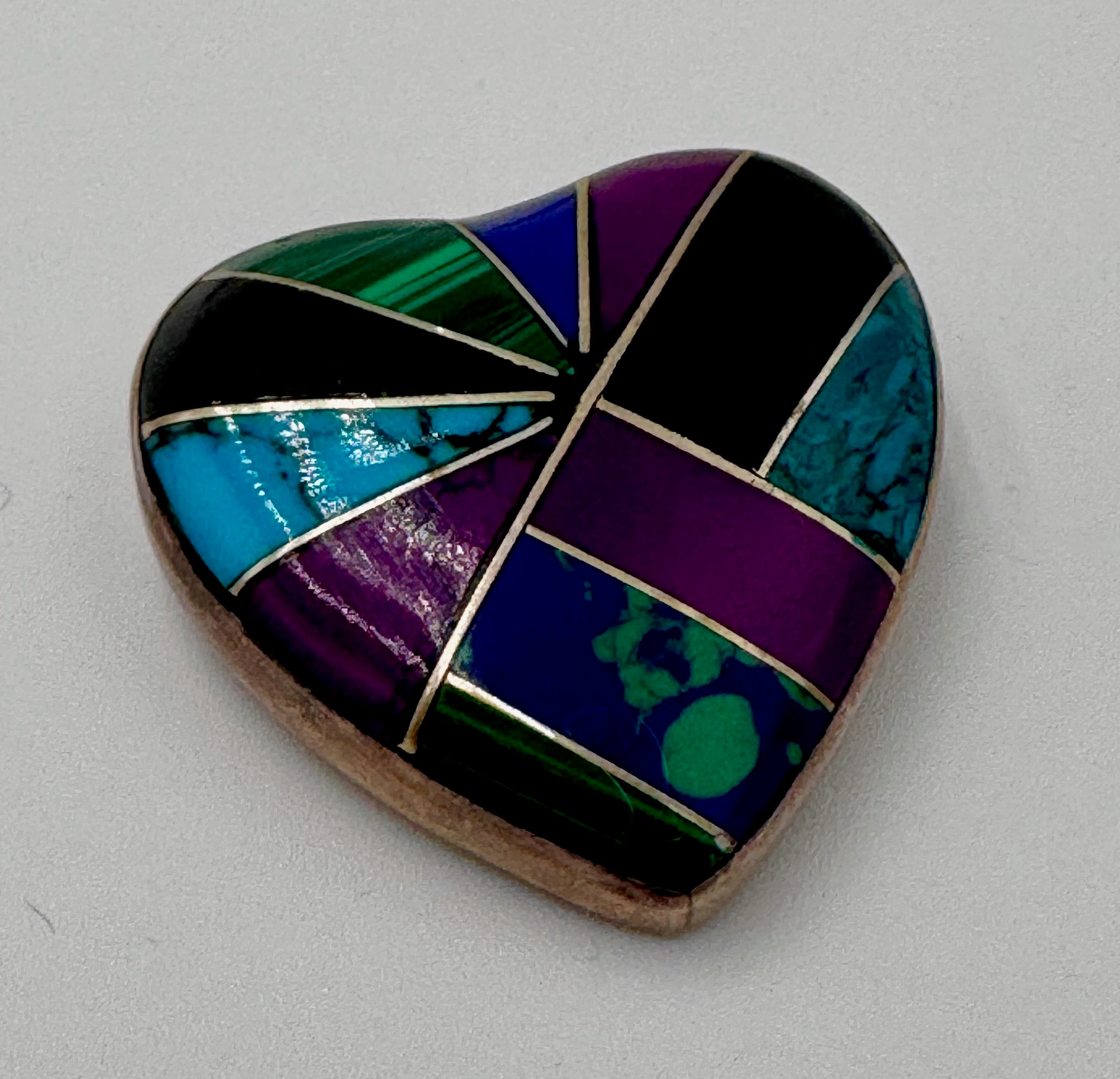 Vintage Mexican Sterling Silver Inlay Heart Pendant – Turquoise Lapis Malachite Mosaic