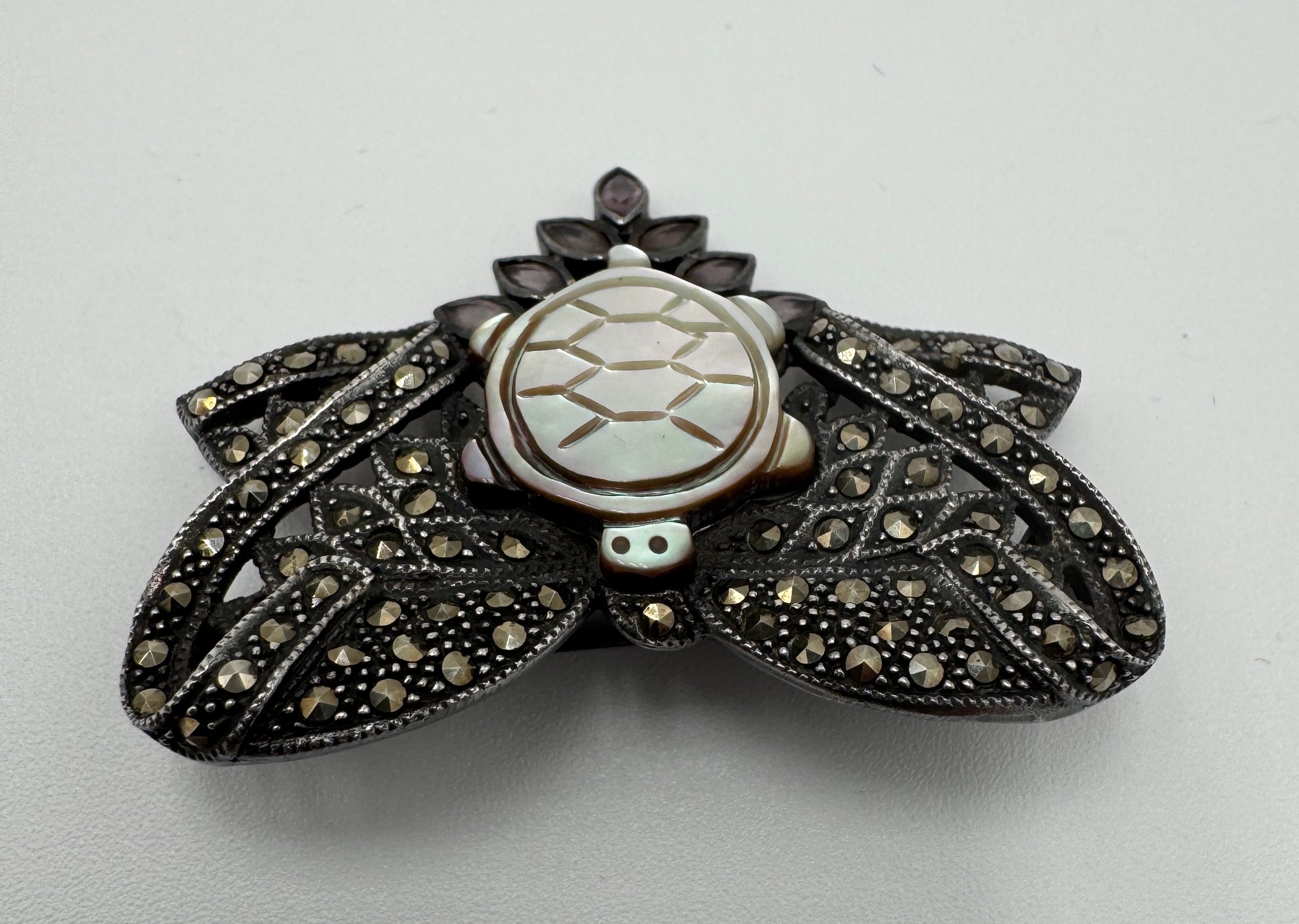 Vintage Marcasite Bow Brooch with Mother of Pearl Turtle & Garnet Dangles – Sterling Silver Statement Piece