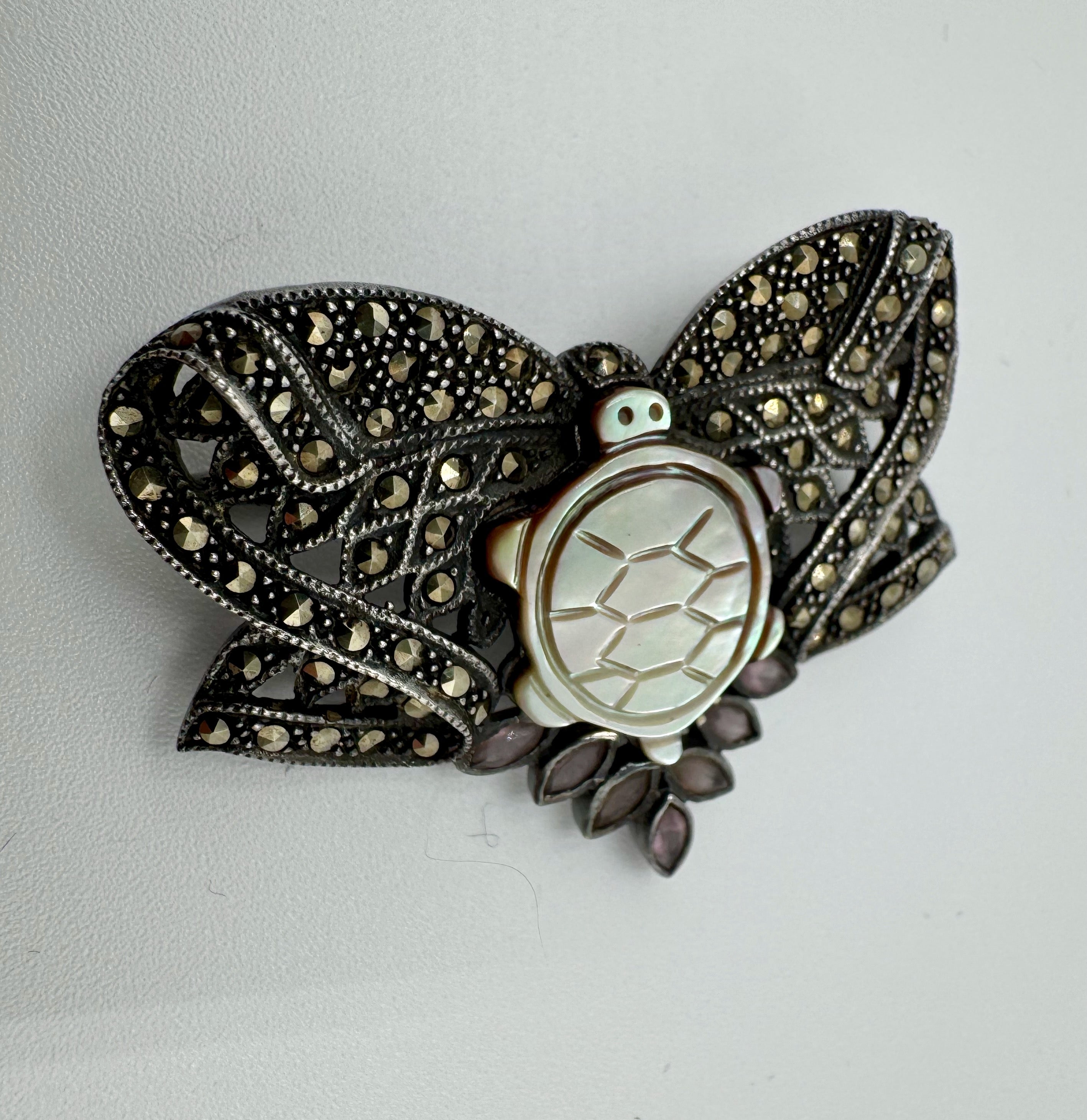 Vintage Marcasite Bow Brooch with Mother of Pearl Turtle & Garnet Dangles – Sterling Silver Statement Piece