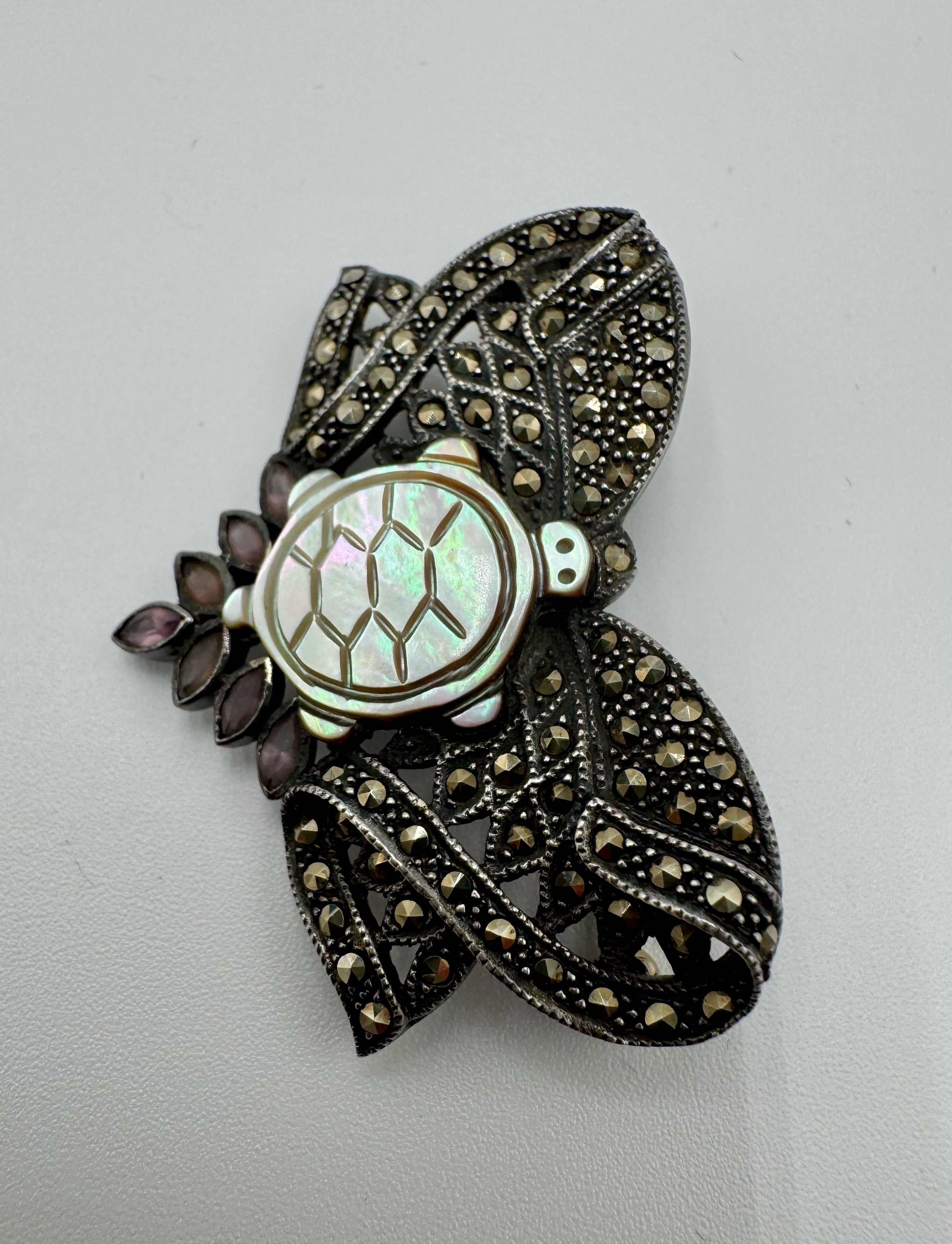 Vintage Marcasite Bow Brooch with Mother of Pearl Turtle & Garnet Dangles – Sterling Silver Statement Piece