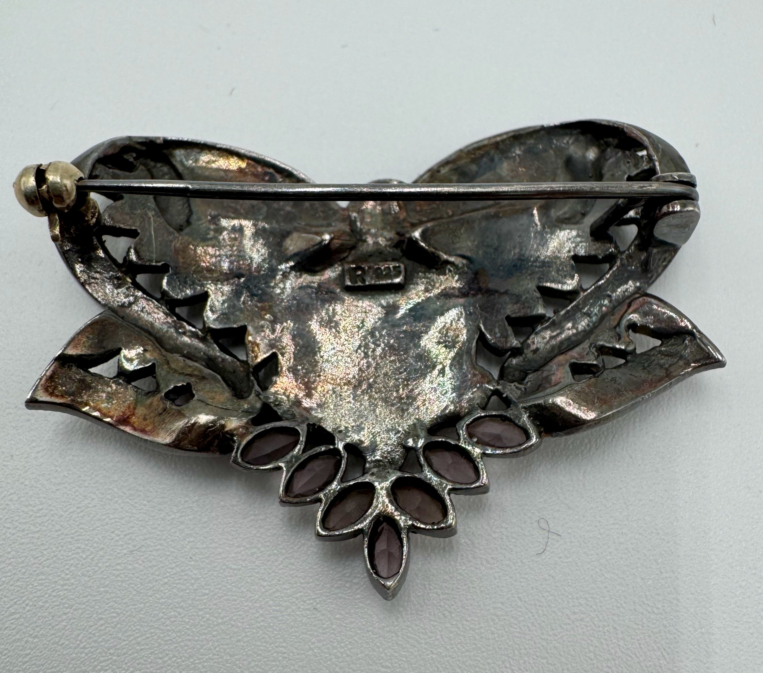 Vintage Marcasite Bow Brooch with Mother of Pearl Turtle & Garnet Dangles – Sterling Silver Statement Piece