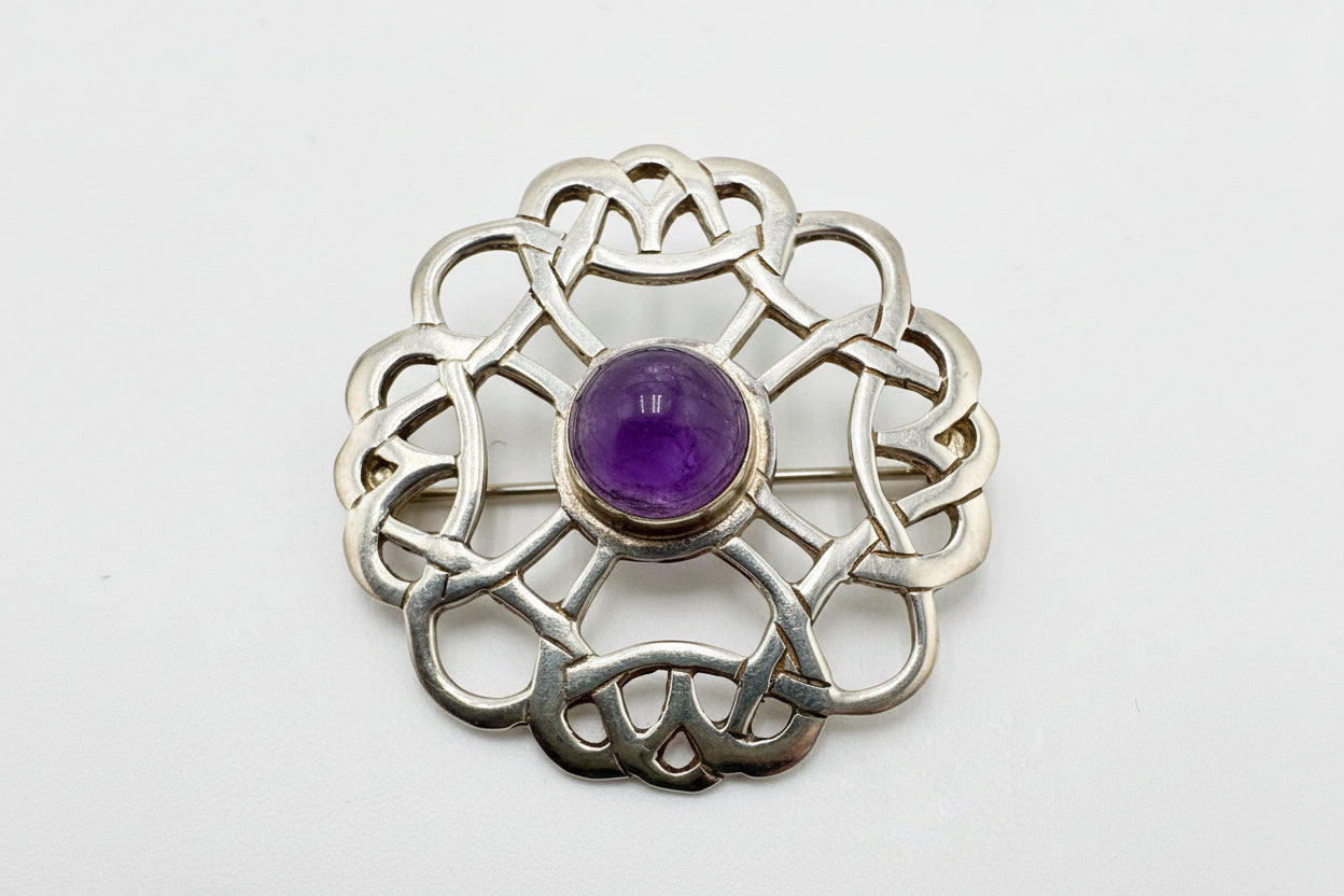 Vintage Sterling Silver Amethyst Brooch – Celtic Knot Openwork Pin, Edinburgh Hallmarked