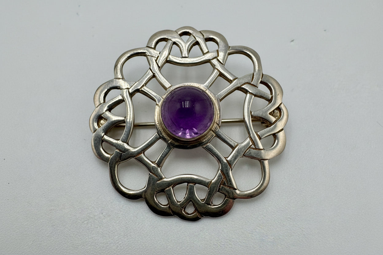 Vintage Sterling Silver Amethyst Brooch – Celtic Knot Openwork Pin, Edinburgh Hallmarked