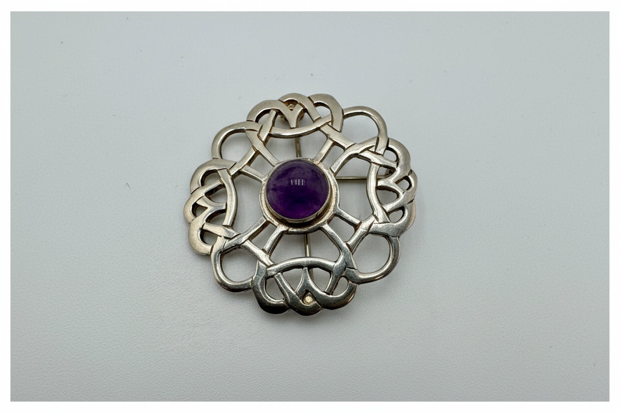 Vintage Sterling Silver Amethyst Brooch – Celtic Knot Openwork Pin, Edinburgh Hallmarked