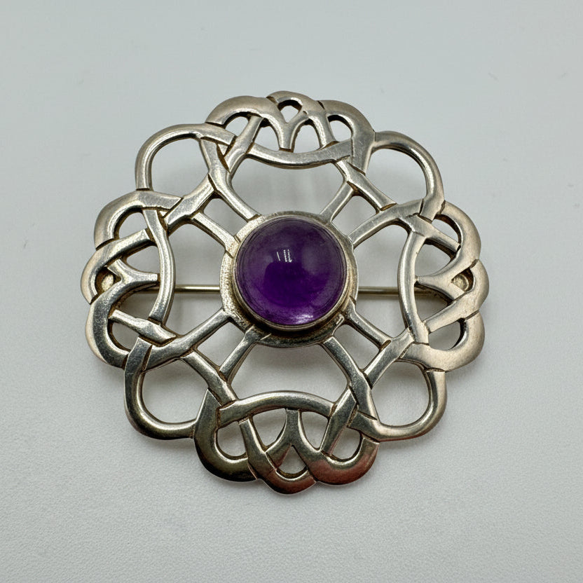 Vintage Sterling Silver Amethyst Brooch – Celtic Knot Openwork Pin, Edinburgh Hallmarked