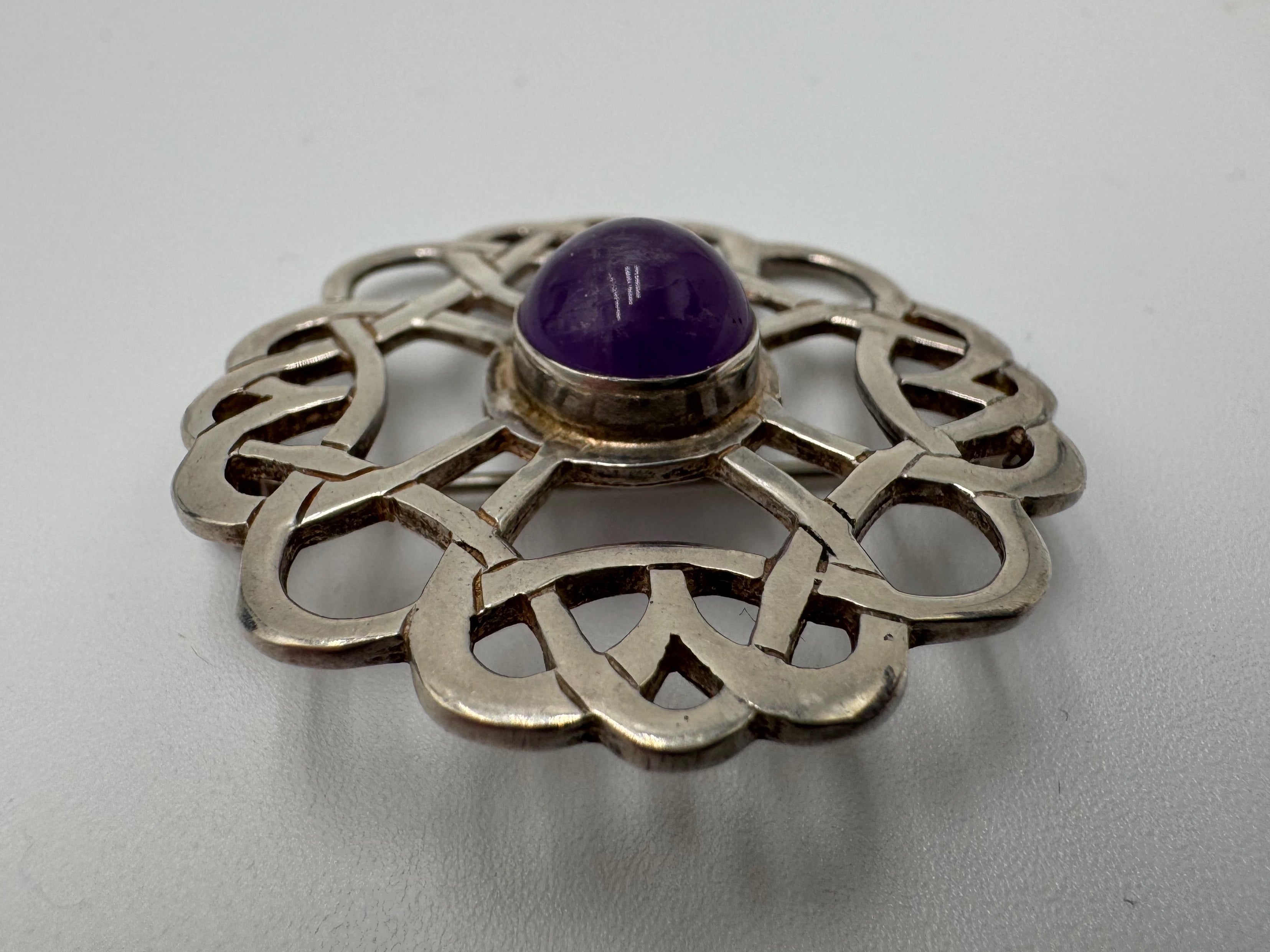 Vintage Sterling Silver Amethyst Brooch – Celtic Knot Openwork Pin, Edinburgh Hallmarked