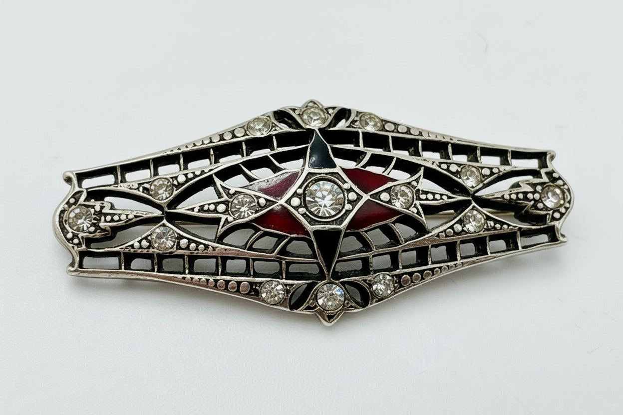 Vintage Sterling Silver Art Deco Brooch – Red Glass & Paste Stone Filigree Pin
