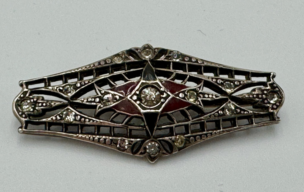 Vintage Sterling Silver Art Deco Brooch – Red Glass & Paste Stone Filigree Pin