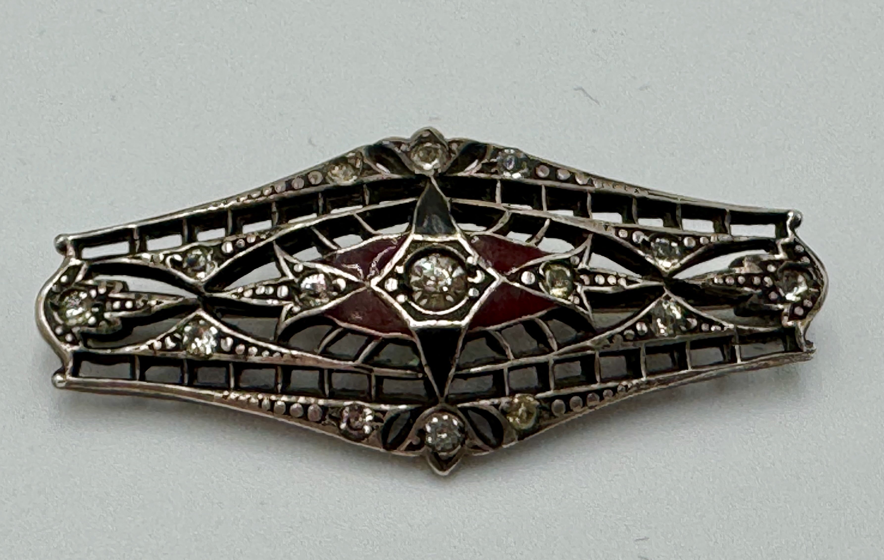Vintage Sterling Silver Art Deco Brooch – Red Glass & Paste Stone Filigree Pin