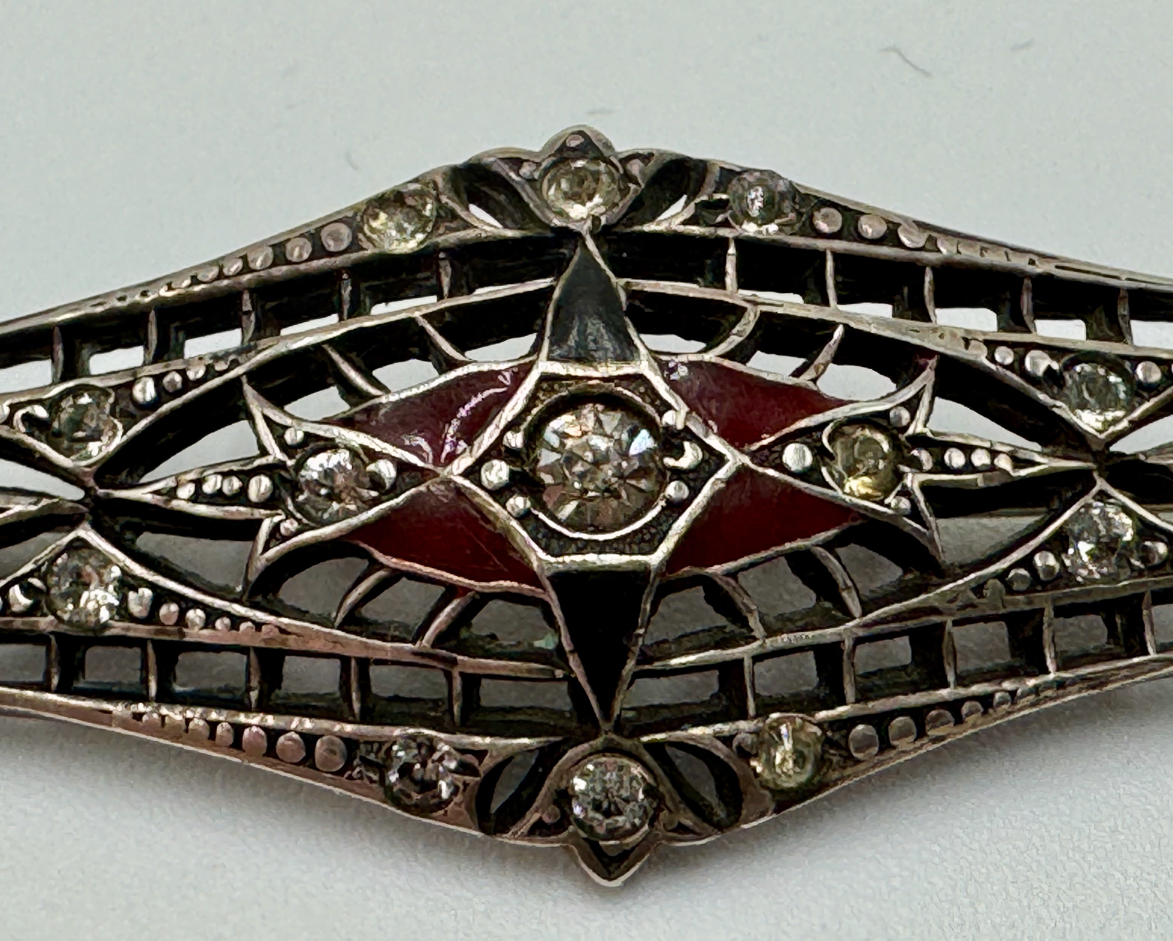 Vintage Sterling Silver Art Deco Brooch – Red Glass & Paste Stone Filigree Pin