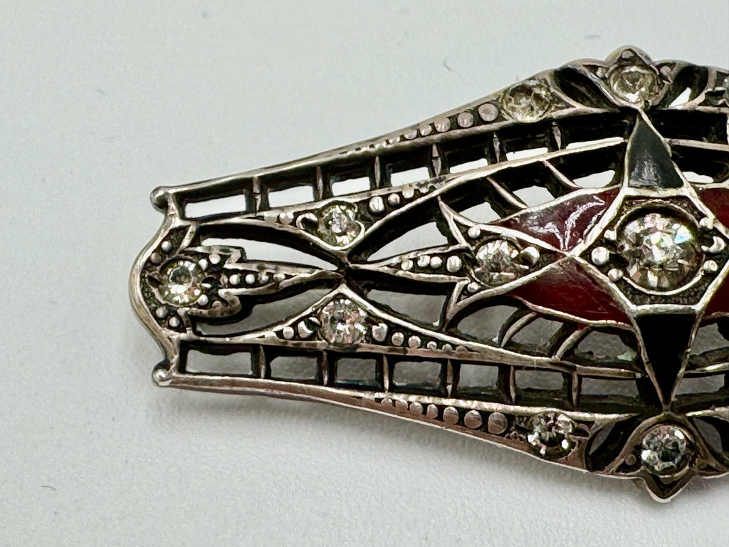 Vintage Sterling Silver Art Deco Brooch – Red Glass & Paste Stone Filigree Pin