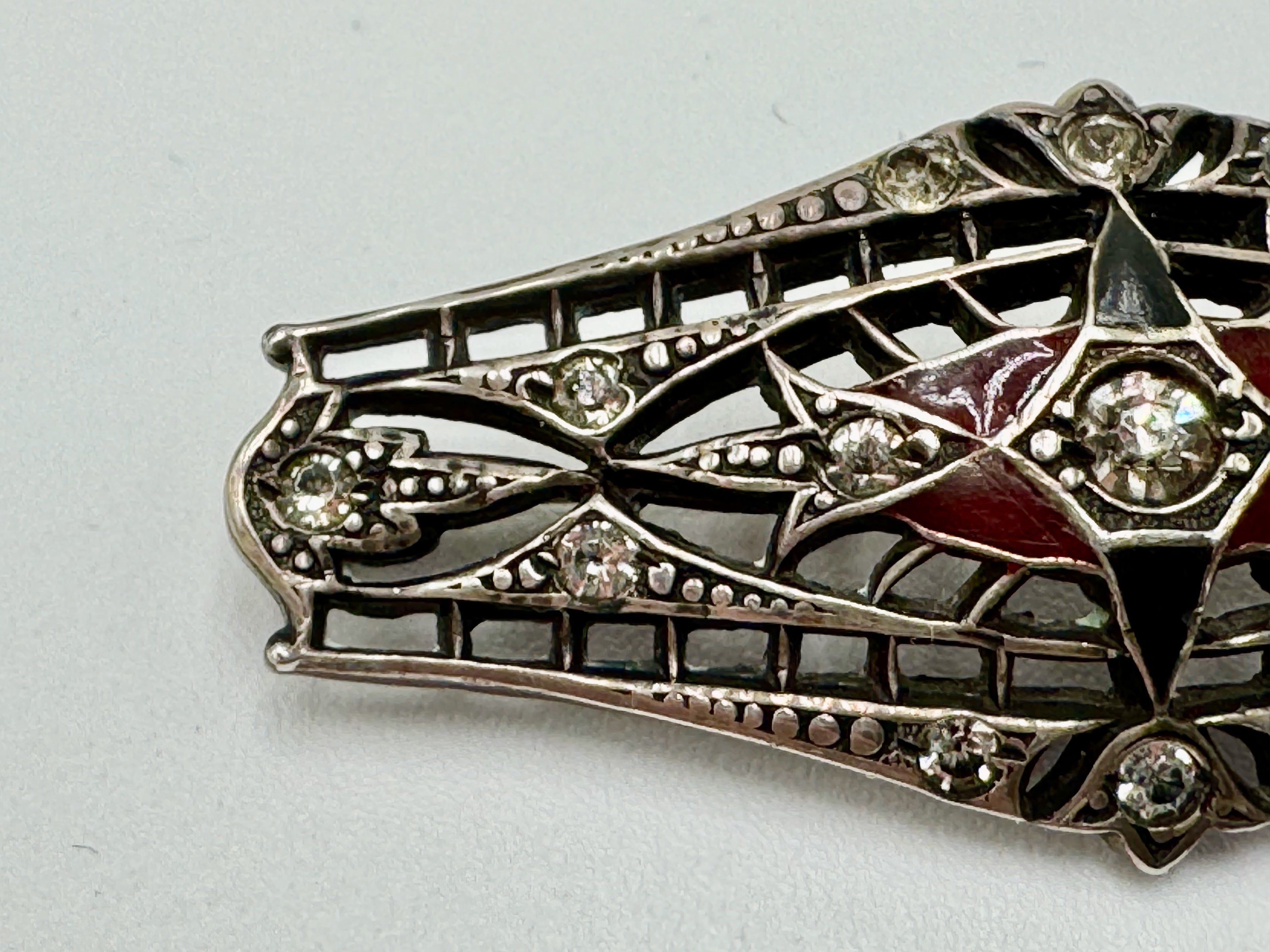 Vintage Sterling Silver Art Deco Brooch – Red Glass & Paste Stone Filigree Pin