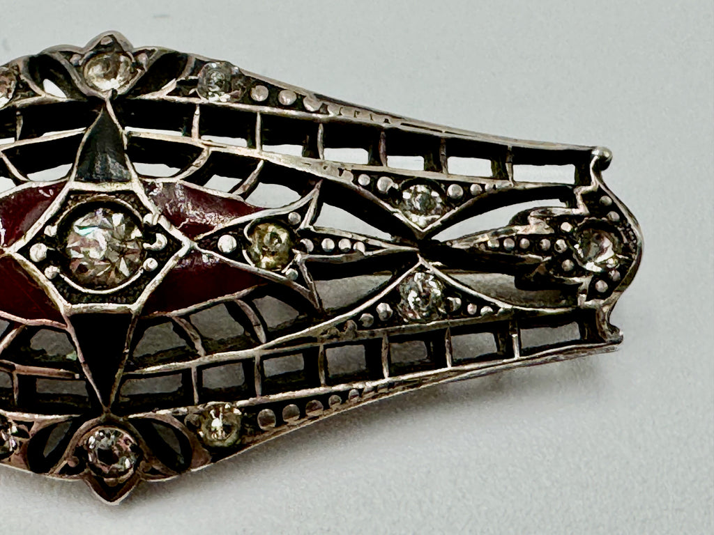 Vintage Sterling Silver Art Deco Brooch – Red Glass & Paste Stone Filigree Pin