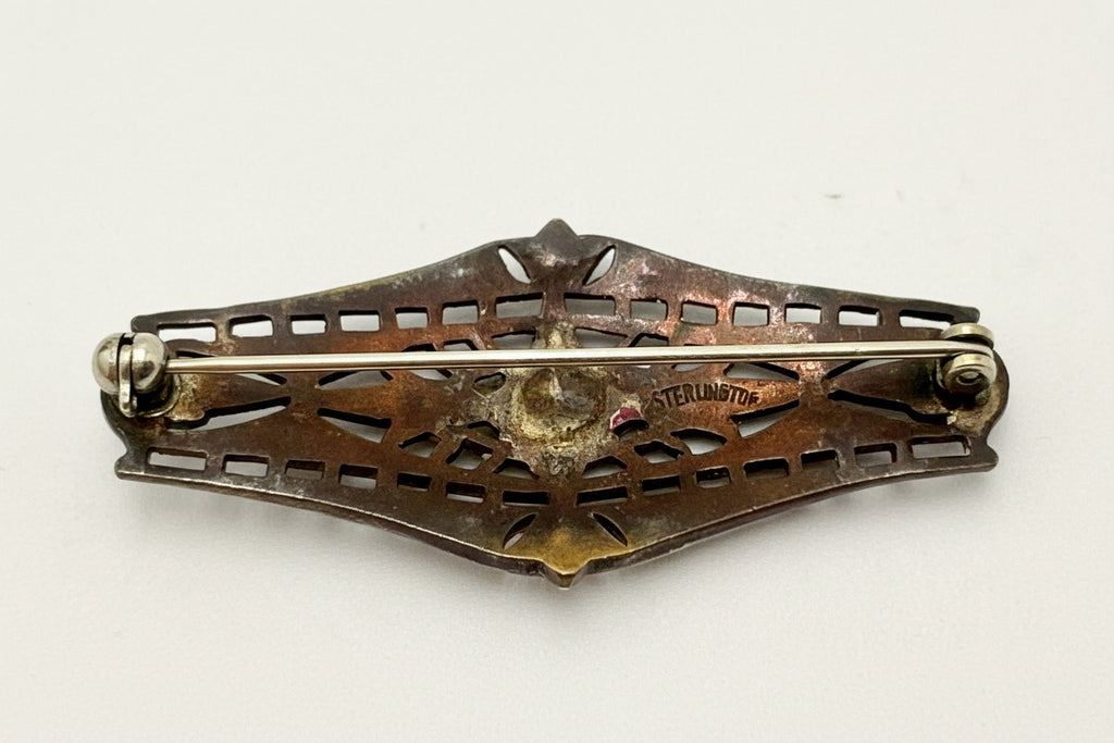 Vintage Sterling Silver Art Deco Brooch – Red Glass & Paste Stone Filigree Pin