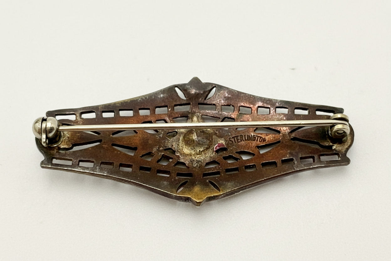 Vintage Sterling Silver Art Deco Brooch – Red Glass & Paste Stone Filigree Pin