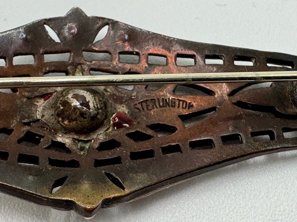 Vintage Sterling Silver Art Deco Brooch – Red Glass & Paste Stone Filigree Pin
