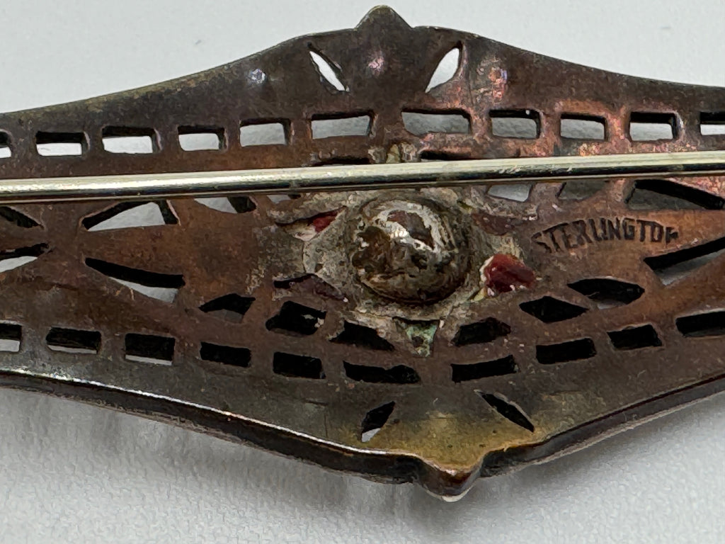 Vintage Sterling Silver Art Deco Brooch – Red Glass & Paste Stone Filigree Pin