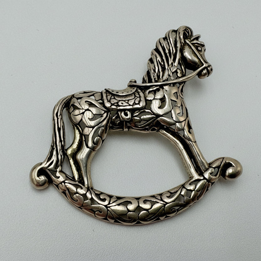 Vintage Sterling Silver Rocking Horse Brooch – Jezlaine, Whimsical Equestrian Gift