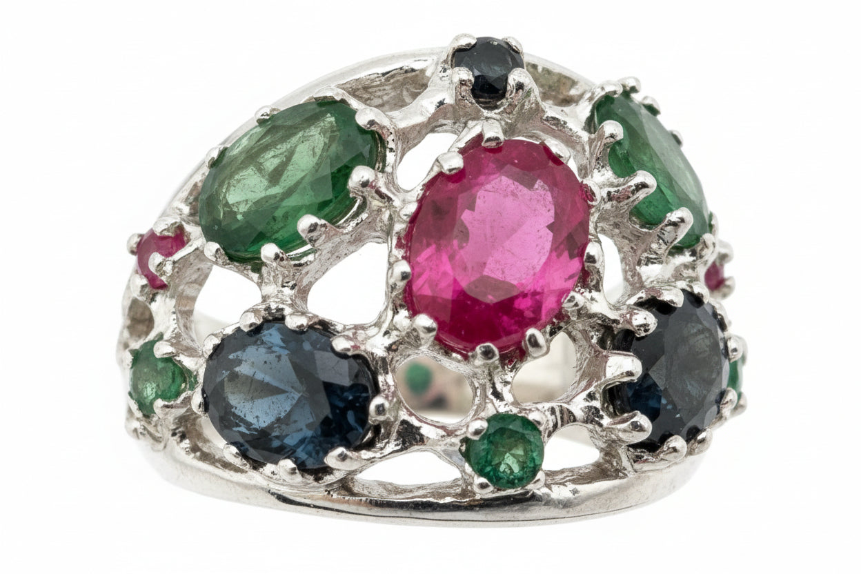 Vintage Sterling Multi-Stone Cluster Ring – Colorful Statement Ring (Size 7)