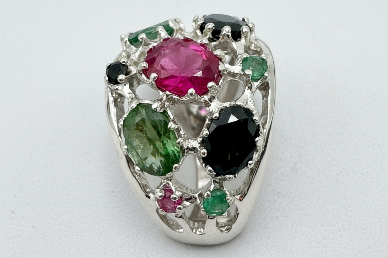 Vintage Sterling Multi-Stone Cluster Ring – Colorful Statement Ring (Size 7)