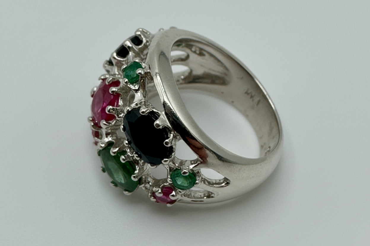 Vintage Sterling Multi-Stone Cluster Ring – Colorful Statement Ring (Size 7)